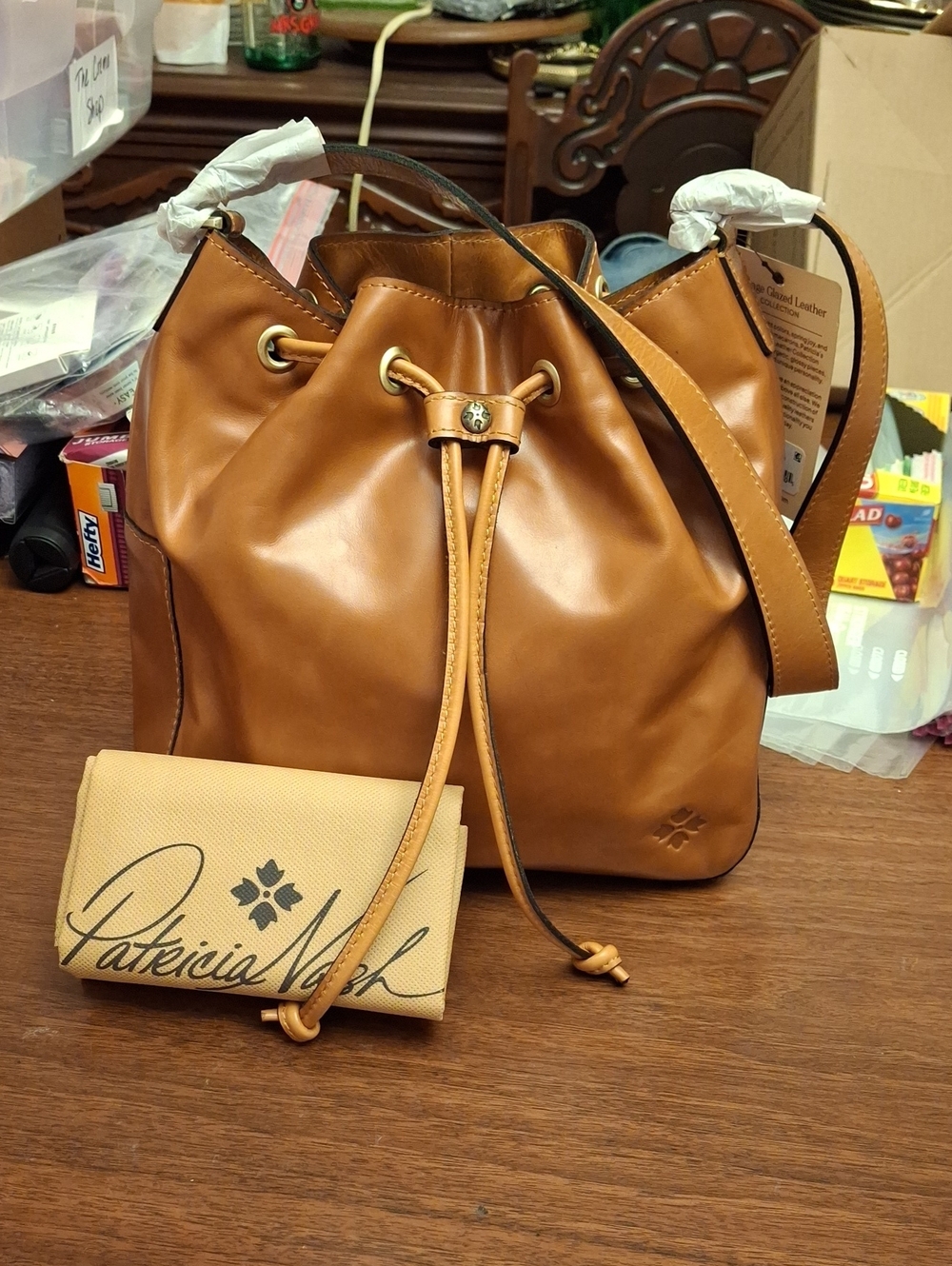 Patricia Nash Light Tan Leather Drawstring Bucket Bag w DJ & Card NWT
